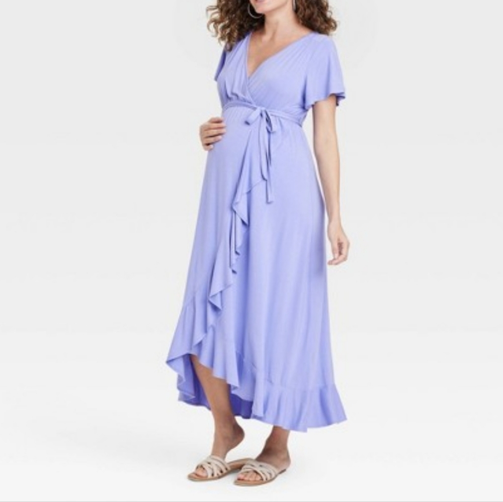 NWT Isabel Maternity Purple Flutter Short Sleeve Maxi Dress Size Medium